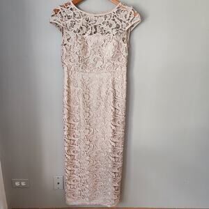 Adrianna Papell Gold Cap Champagne Sleeve Lacey Slit Maxi Dress